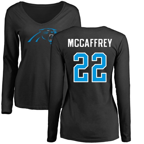 Carolina Panthers Black Women Christian McCaffrey Name and Number Logo Slim Fit NFL Football #22 Long Sleeve T Shirt->nfl t-shirts->Sports Accessory